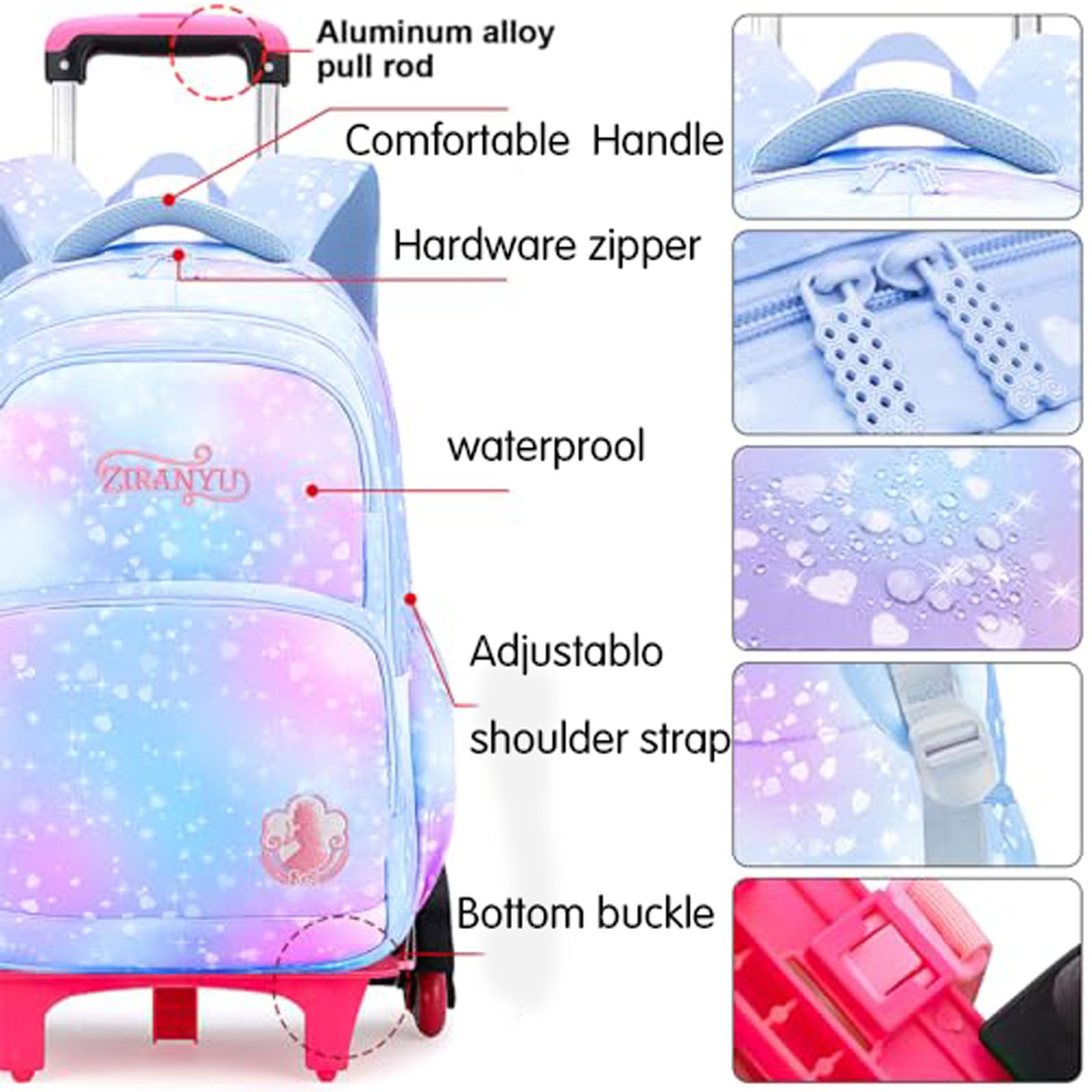 Sac à dos à roulettes pour fille ,Cartable à Roulettes Primaire ,Poignée réglable ,Plusieurs poches avant ,Avec compartiment pour bouteille d'eau,Imperméable ,pour Quotidien et Voyage 6-12 Ans
