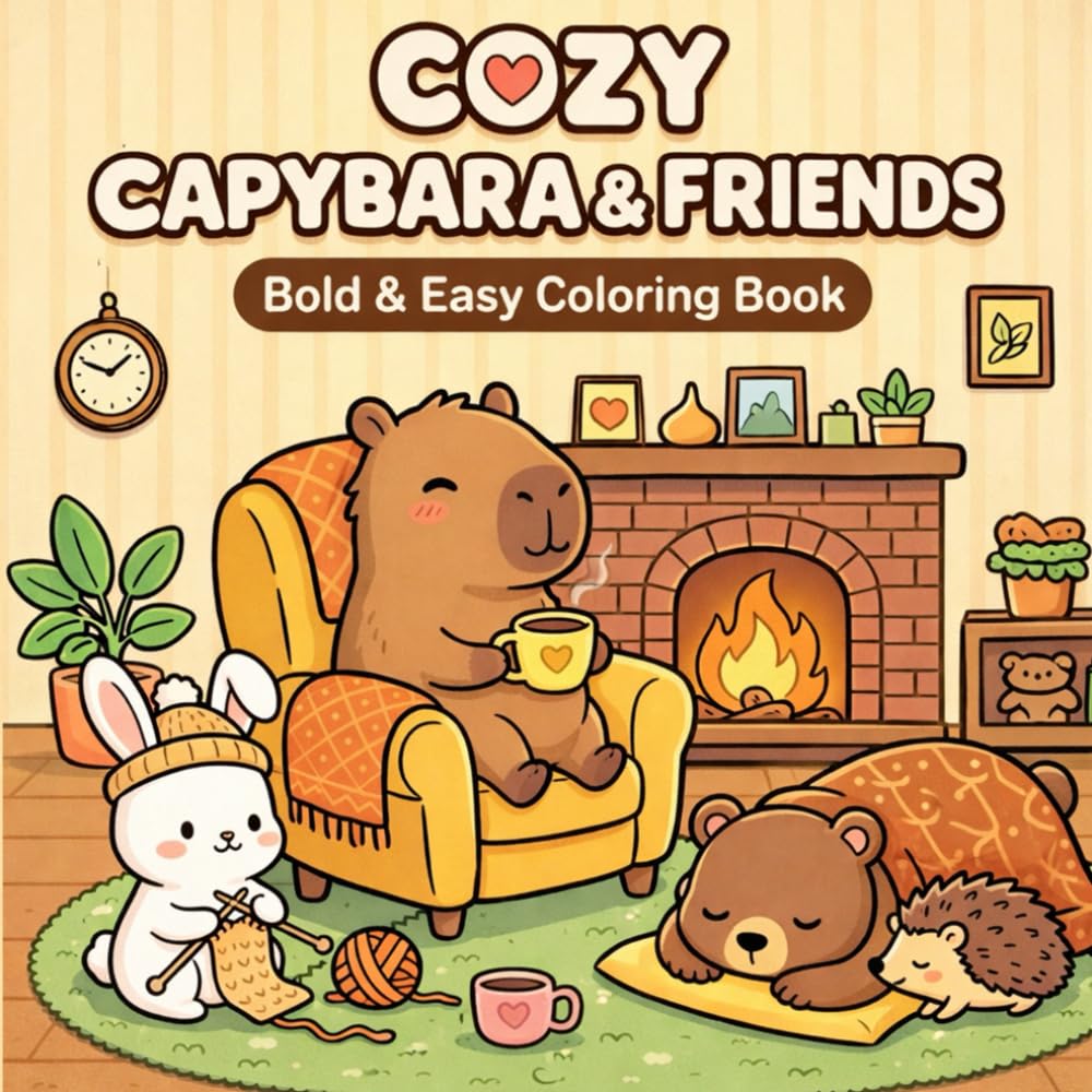Cozy Capybara and Friends Bold & Easy Coloring Book: 40 Cute Cozy Capybaras Coloring Pages for Teens and Adults with with Cozy Fuzzy Animals in Hygge Moments for Relaxation