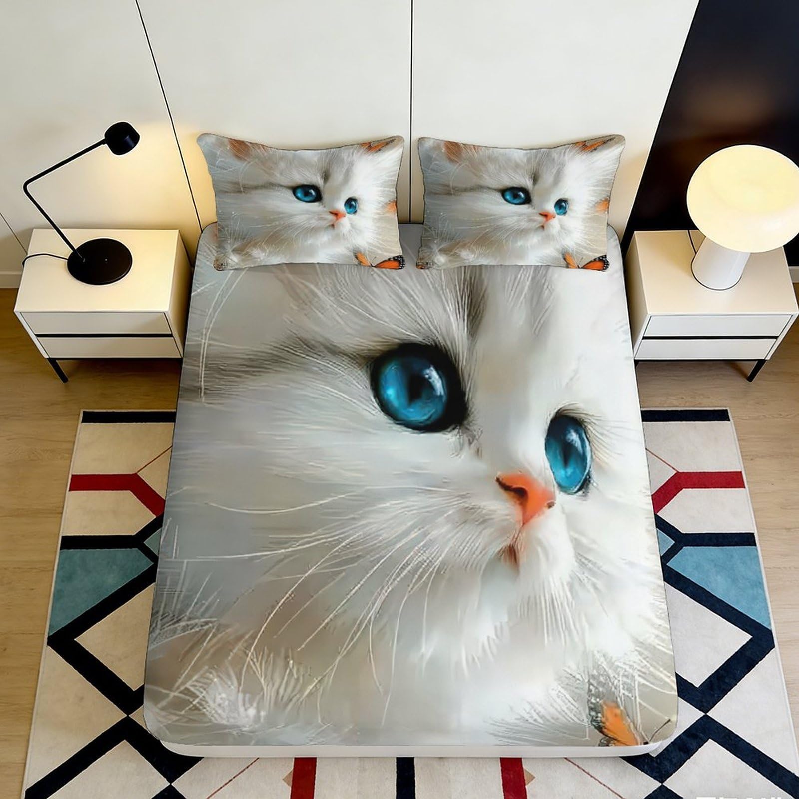 3D Printed Blue Eyed Cat Fitted Sheet Microfiber Non Slip Bed Cover for Bedroom Guest Room Machine Washable 90x200x25cm