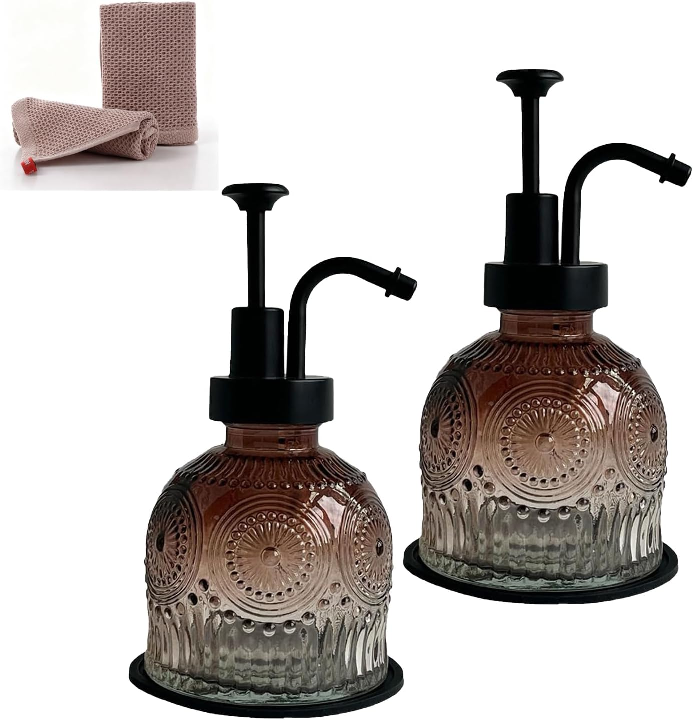 2PCS Brown Vintage Glass Soap Dispenser with Pump and Hand Towel 11.8 oz Hand Liquid Soap and Lotion Dispenser for Bathroom Kitchen Farmhouse Gothic Rustic Decor