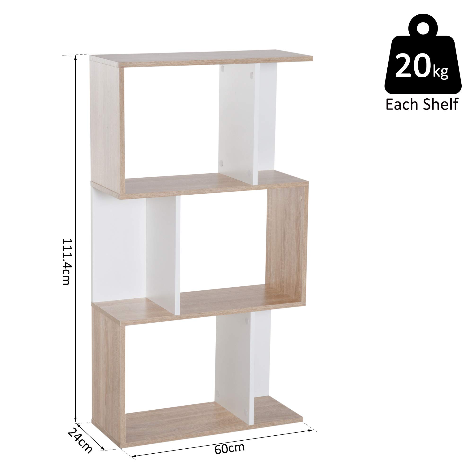 HOMCOM Estantería Librería 3 Estante Estantería Alta Pared Estante de Exposición Forma S Diseño Moderno para Salón Oficina 60x24x111.4cm Madera