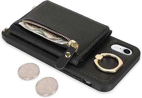Miniatura 8 de Funda para iPhone Xr con Portador de Tarjetas, Funda de Teléfono para iPhone Xr con Correa Cordón Cruzado Anillo de Soporte, Funda Cartera Xr para