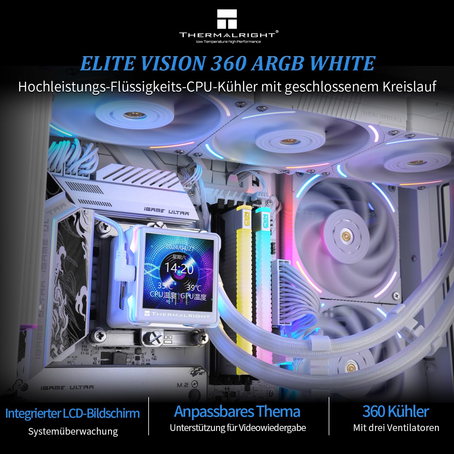 Thermalright Elite Vision 360 ARGB witte CPU AIO koeler, IPS LCD-scherm
