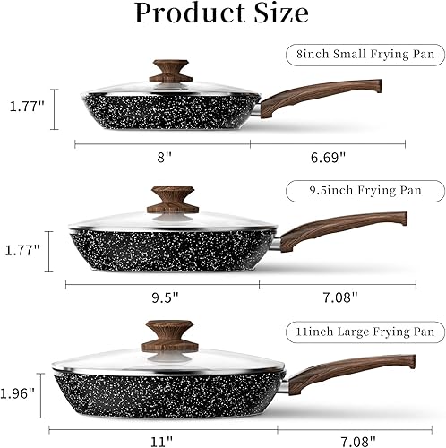 Miniatura 8 de Juego de sartén 3 sartenes antiadherentes con tapas, sin PFOA, compatible con inducción, color negro