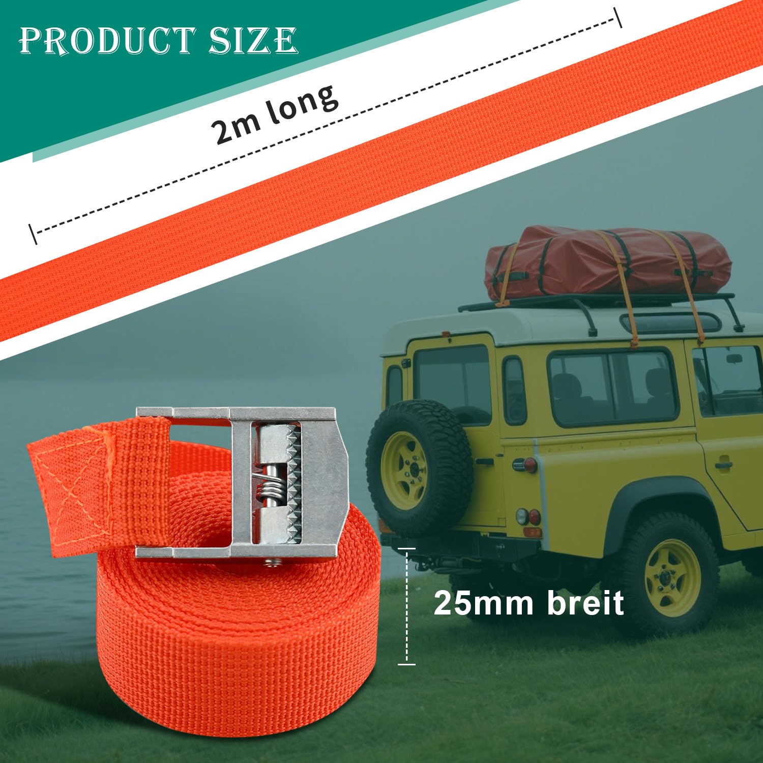 Cinchas de Amarre 25mm x 2m Correas Tensoras Naranja DIN EN 12195-2 para Motos Furgonetas Bicicletas