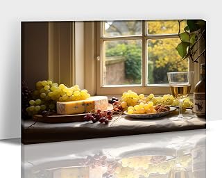 Hzddty Farmhouse Kitchen Wall Decor - Cheese and Grapes Art Print, Traditional British Landscapes Framed Artwork, 12x18 Inches