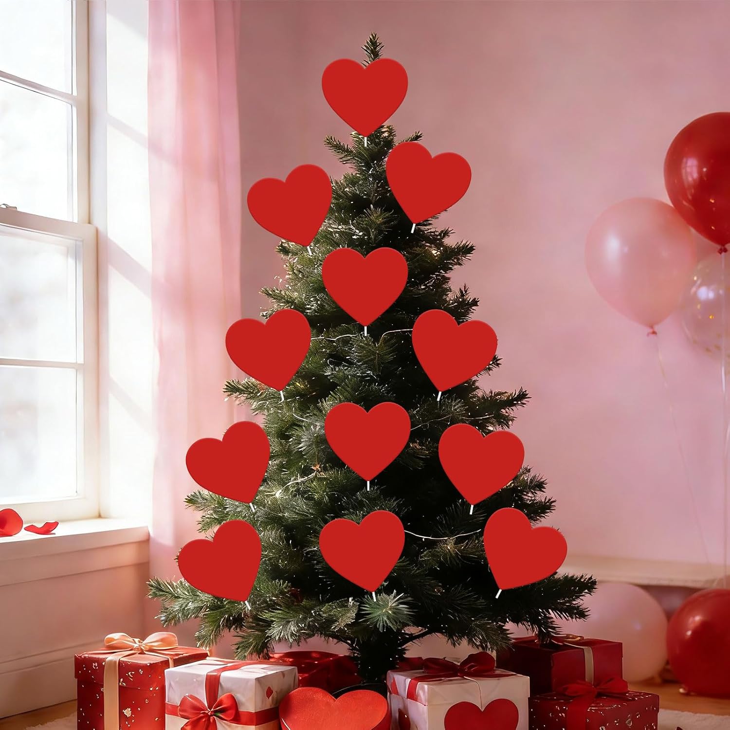 12 PCS Red Pink White Heart Valentines Day Tree Ornaments, Extra Large Cute Heart Tree Picks, Valentine's Day Topper for Home Wedding Anniversary Decorations(Red)