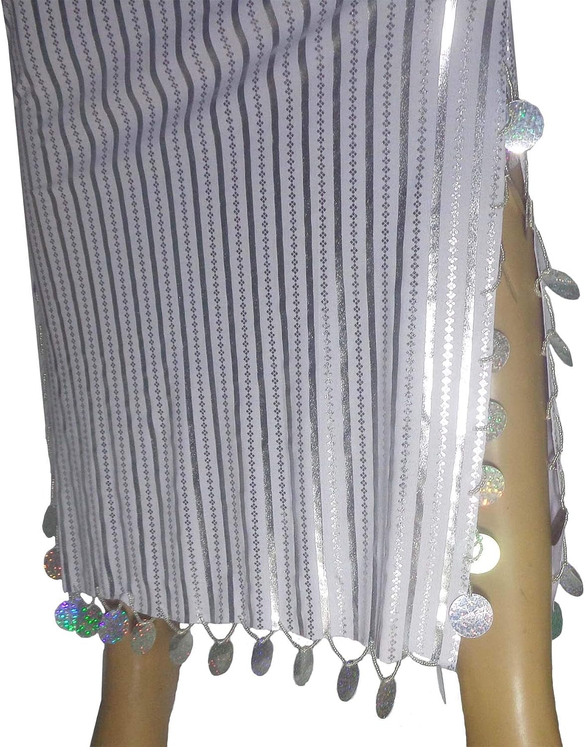 Belly Dance NANCY Stretchy Dress Galabeya Costume Baladi Saidi ( White X silver )
