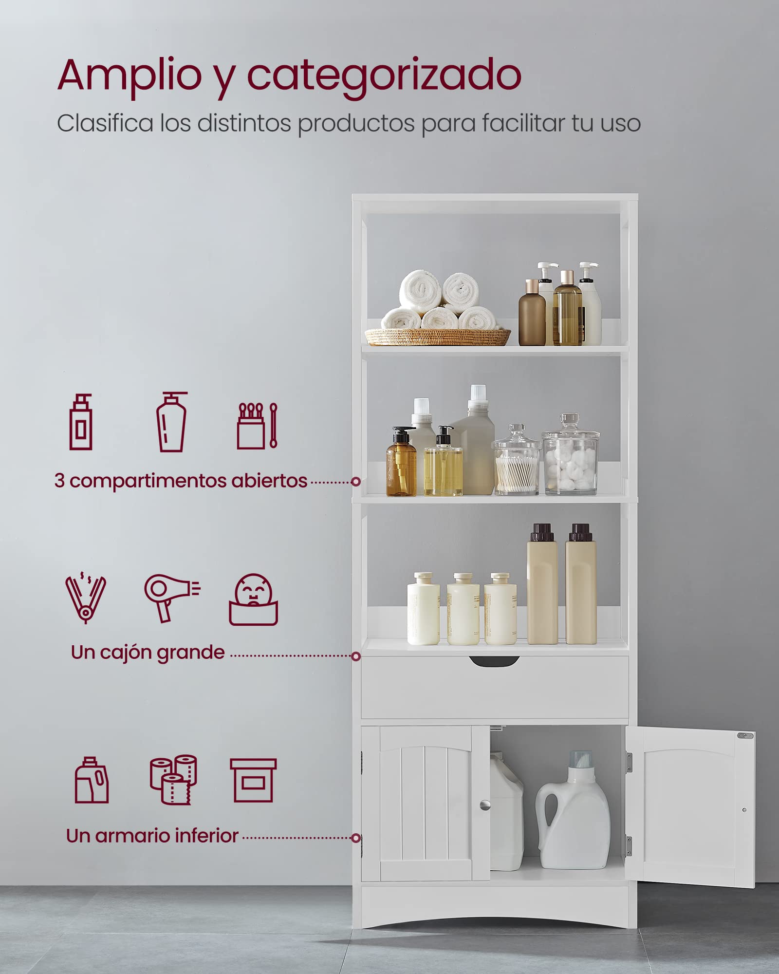 VASAGLE Armario de Baño, Armario Alto, Estantería Independiente, con 3 Estantes Abiertos, 1 Cajón Grande, 32,5 x 60 x 154 cm, para Sala de Estar, Cocina, Estudio, Blanco BBC67WT | Sofie BBC67WT - Estantería de baño multiusos (32,5 x 60 x 154 cm), color bl