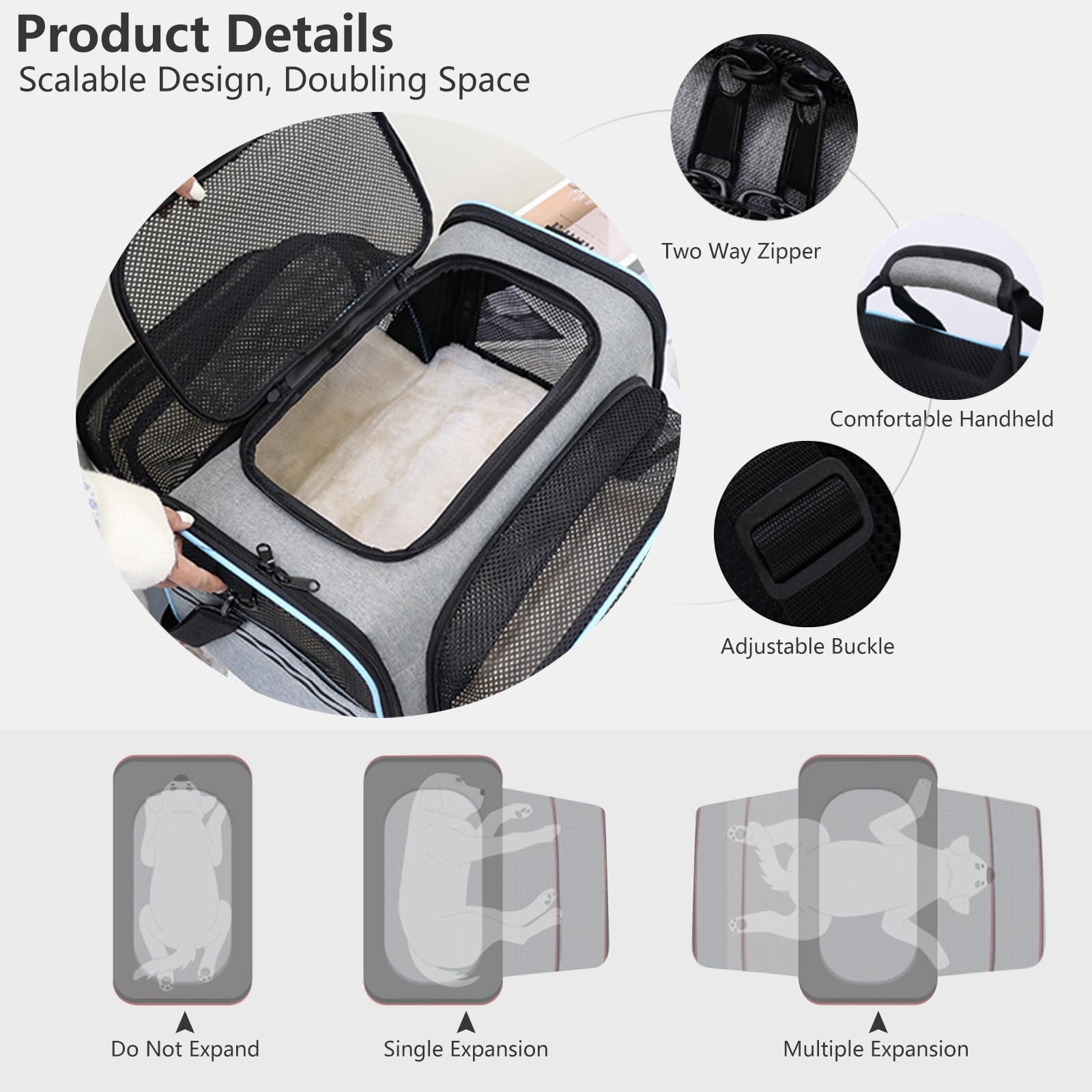 PETCUTE Transportín Gato Perro Extensible, Bolsa de Transportar Mascotas, Aprobado por aerolínea,Plegable Transportín Perro Pequeño con Colchón Suave y Hebilla de Seguridad,para Coche, Avión, Viaje