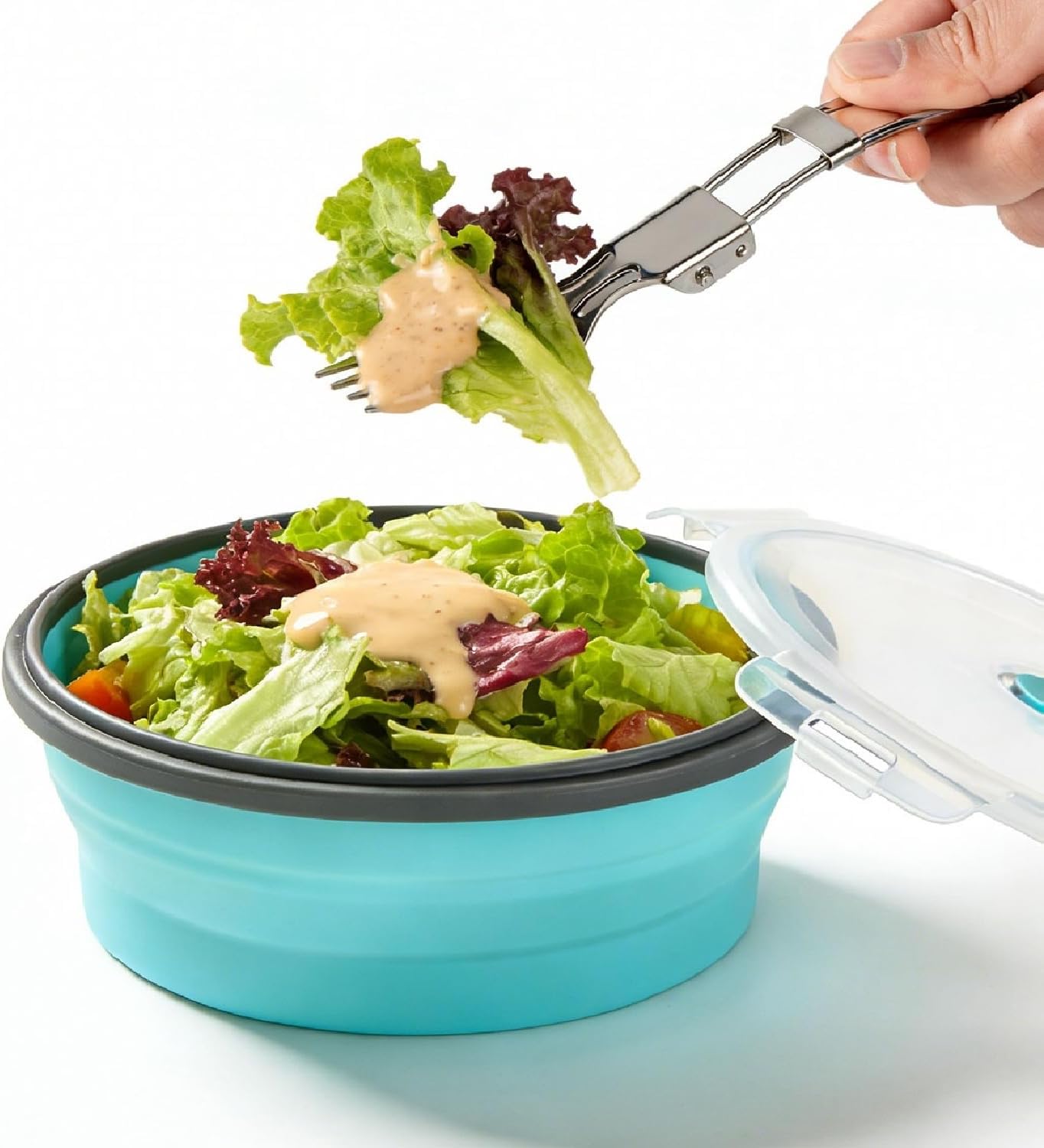 Collapsible Silicone Camping Bowl with Airtight Lid, Large 1200ml/42oz, Foldable Bowl for Travel, RV, Leakproof Food Storage, Microwave & Fridge Safe, Includes Stainless Steel Fork