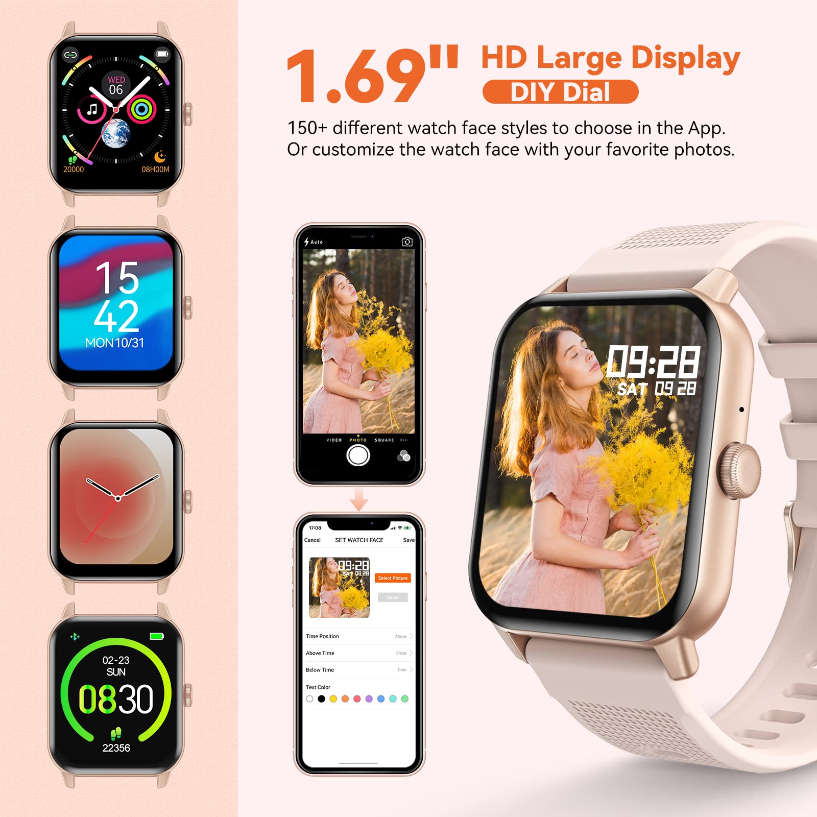 RIVERSONG Montre Connectée Femme avec Appel Bluetooth, 1,70" Montre de Sport avec Fréquence Cardiaque,SpO2, Podomètre, Cycle Menstruel, Moniteur de Sommeil, Étanche IP67, pour Android/iOS, Rose
