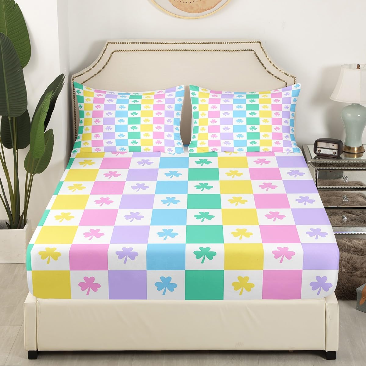 Lucky Clover Kids Fitted Sheet Twin Size,Colorful Geometric Checkered Grids Bedding Set,Girls Women Room Decor,Four Leaf St. Patrick's Day Bed Cover,Kawaii Bed Sheet,1 Pillowcase(No Flat Sheet) image 2