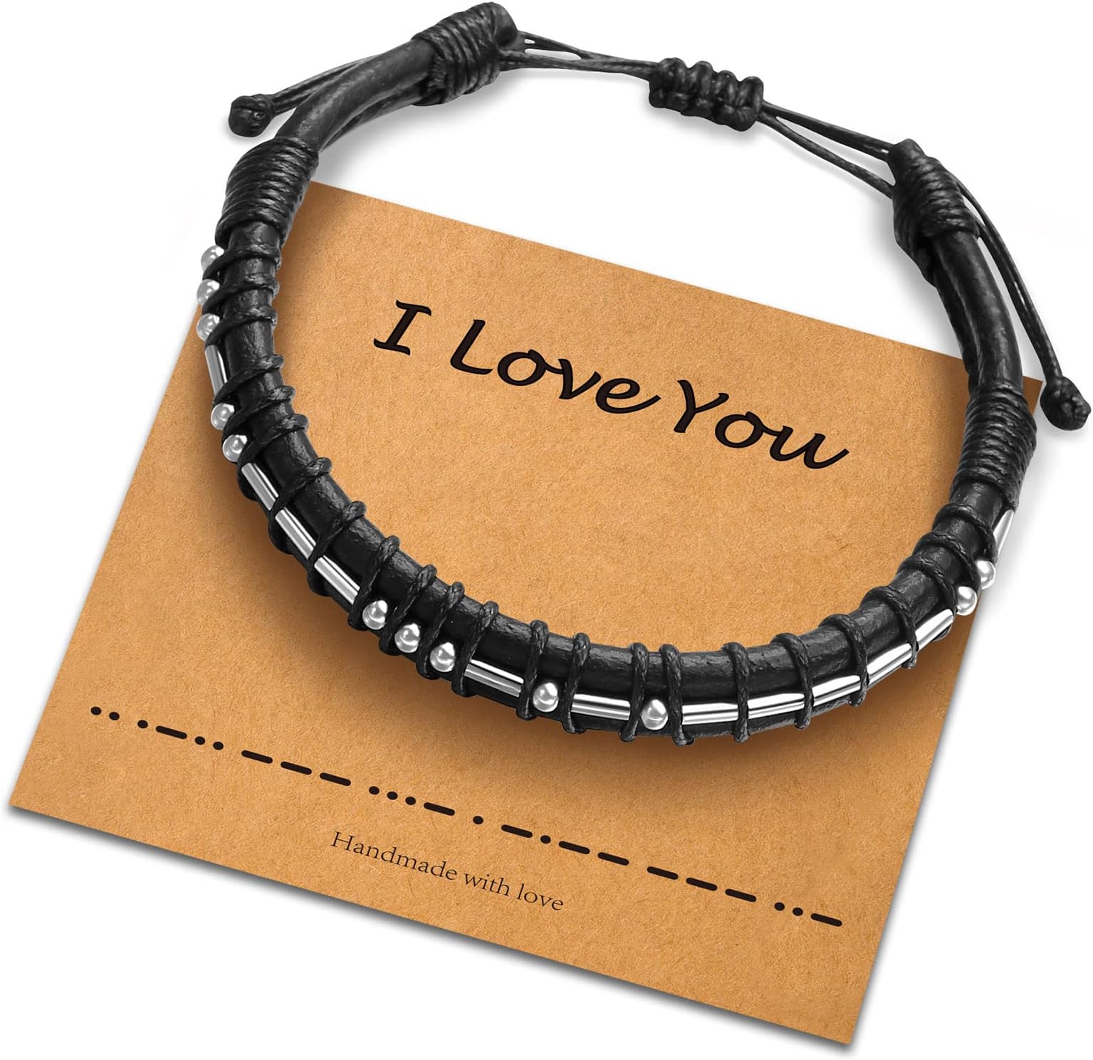 URSTARMorse Code Bracelets for Men, 18K Real Gold Plated Beads on Black Leather Bracelet, Inspirational Unique Birthday Christmas Gifts for Teen Boys