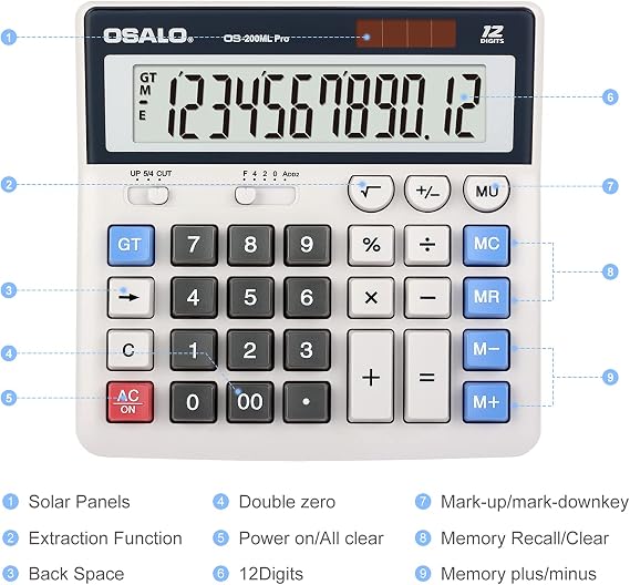 OSALO Calculator Large Buttons Extra Large Display 12 Digit Desk Calculator Office Calculator (OS-200ML)