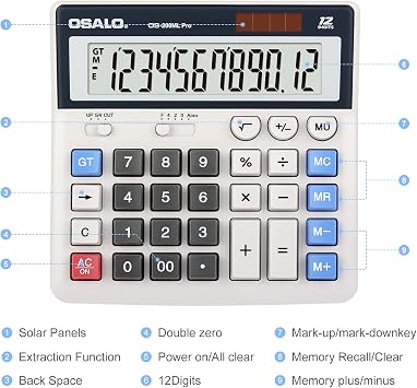 OSALO Calculator Large Buttons Extra Large Display 12 Digit Desk Calculator Office Calculator (OS-200ML)