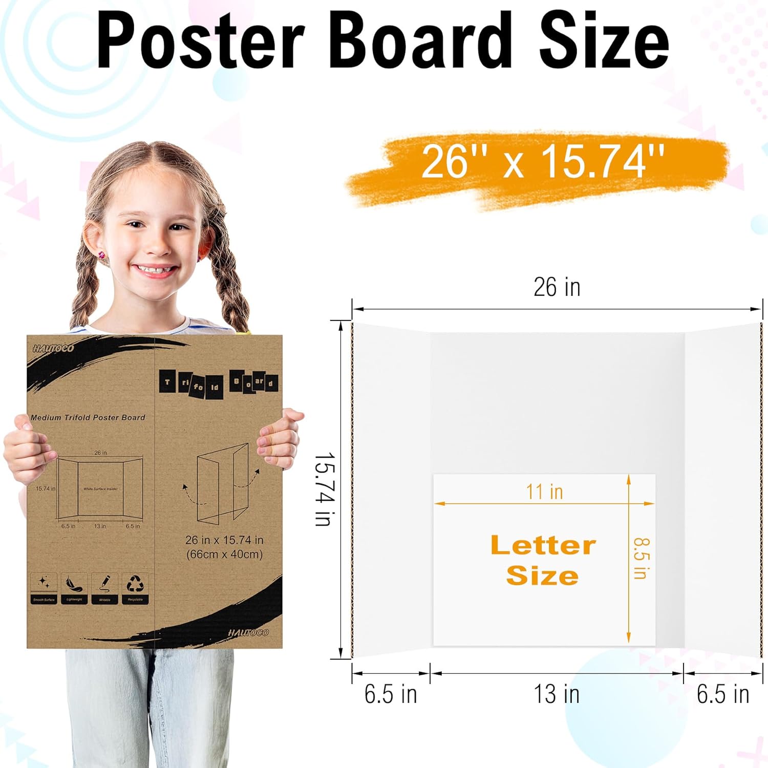 HAUTOCO 6 Pack Trifold Poster Board 26'' x 15.74'' Medium Tri Fold Project Boards White Corrugated Presentation Cardboard for Science Fairs, School Projects, Event Displays, Business