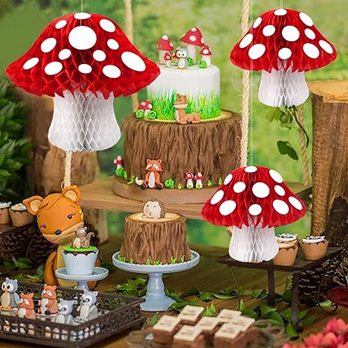 Miniatura 6 de 3 piezas de decoración de panal de hongos en forma de hongo en forma de pompones, decoraciones para fiesta de cumpleaños temática de selva del país