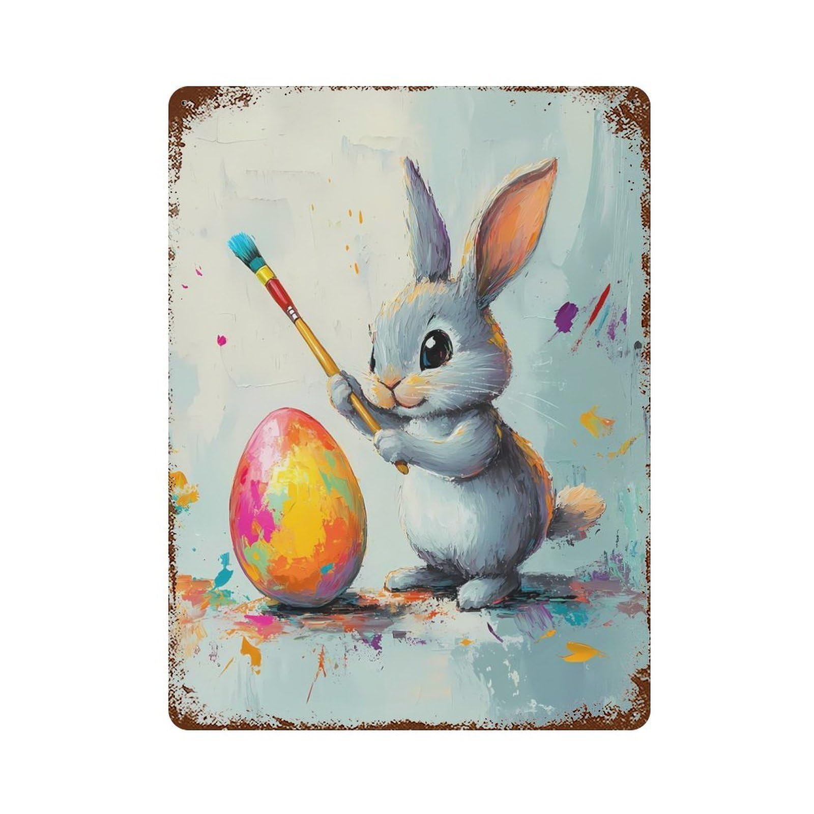 Rust Effect Easter Bunny Painter Rusty Metal Tin Sign 15.7"x11.8", Farmhouse Wall Decor for Cafe, Home Bar And Lounge Decor