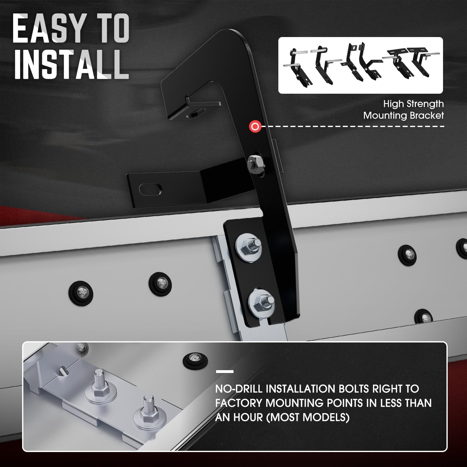 Illustration of easy, no-drill installation process with mounting brackets