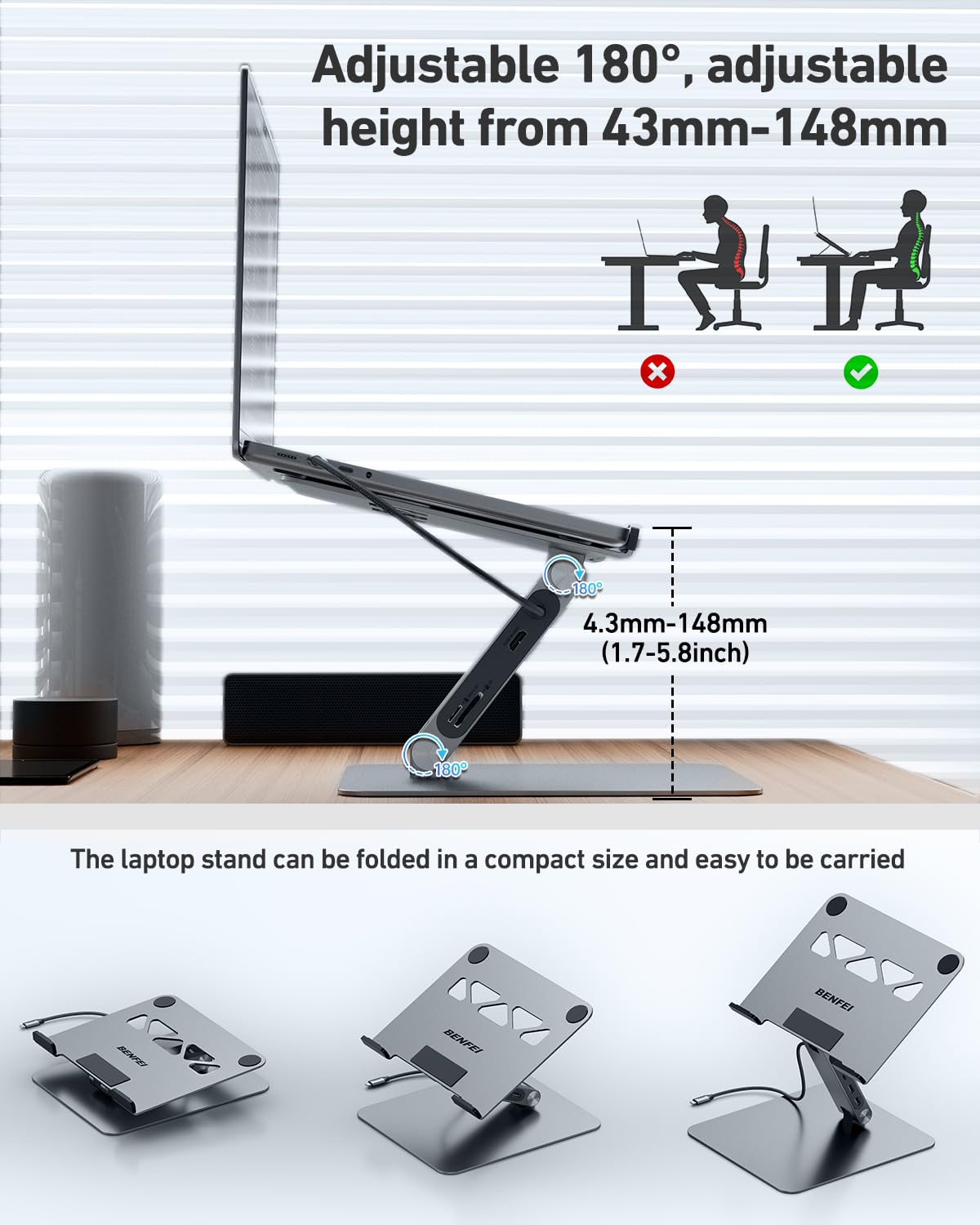 BENFEI Support pour ordinateur portable avec Station d'accueil USB C 7en1, HDMI 4K@60Hz, 100W PD, 10Gbps USB C 3.2 & USB A 3.2 Compatible MacBook Pro Air iPad Pro XPS Thinkpad