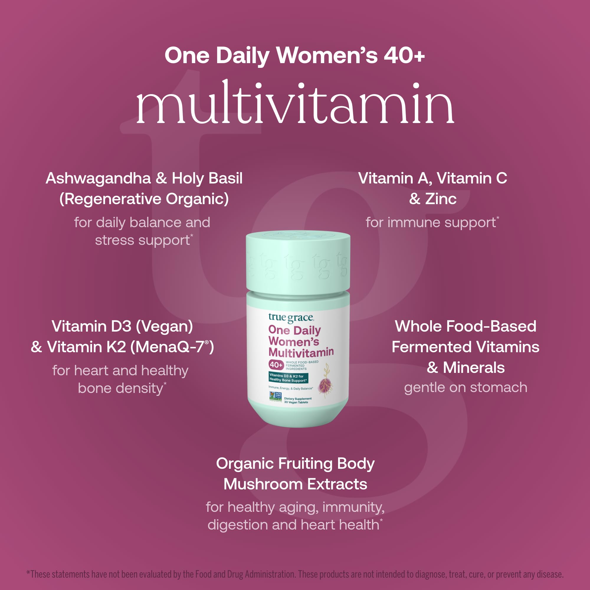 True Grace One Daily Women’s Multivitamin 40+ Fermented Minerals, Organic Adaptogens & Mushrooms Energy, Immune, Bone Support - Non-GMO - Iron, Gluten & Soy Free - 30 Vegan Tablets — Amazon image 4