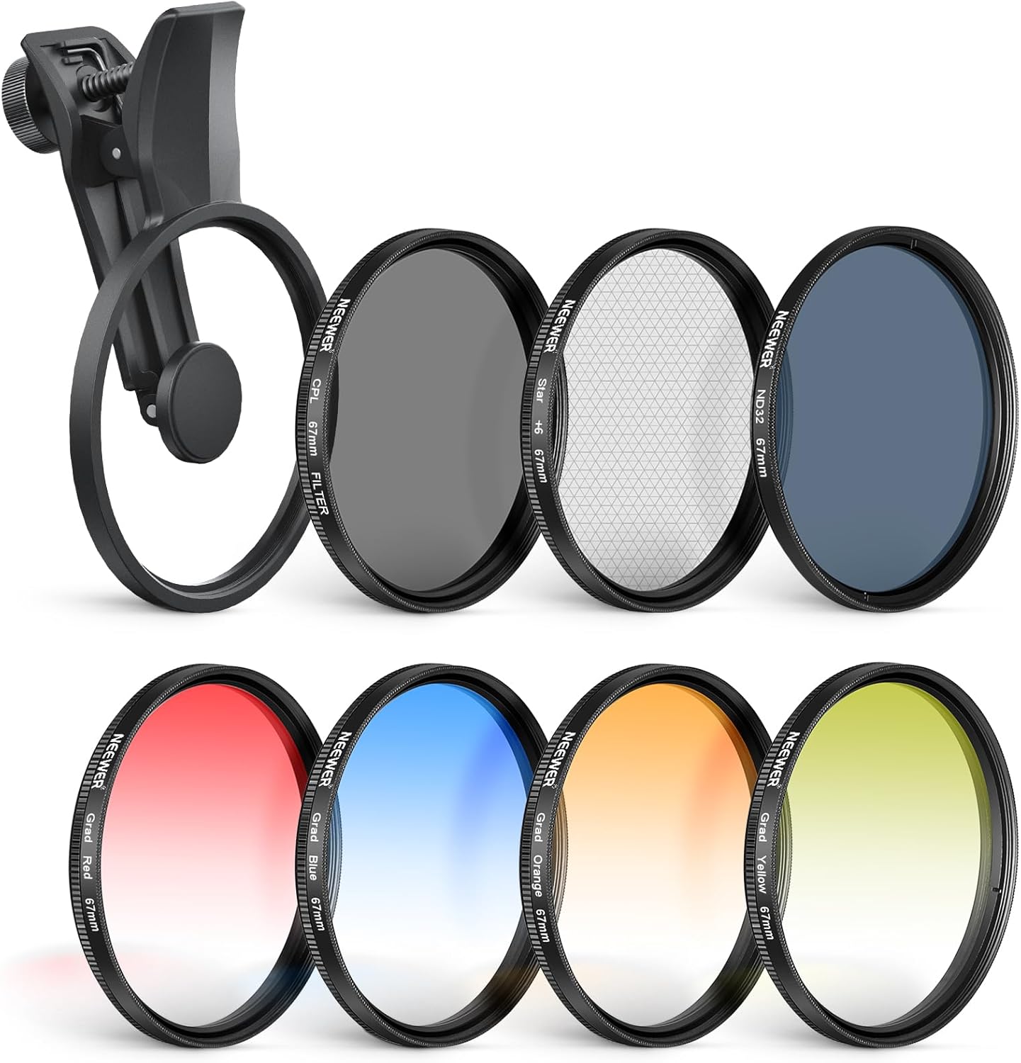 NEEWER 67mm 7 Pack ND Filter Set Compatible with Android Samsung Google Huawei Xiaomi Phone, Clip On CPL+ ND32 + Starlight + GND (Red/Orange/Yellow/Blue) Photography Accessories Kit with Case, FL-P14
