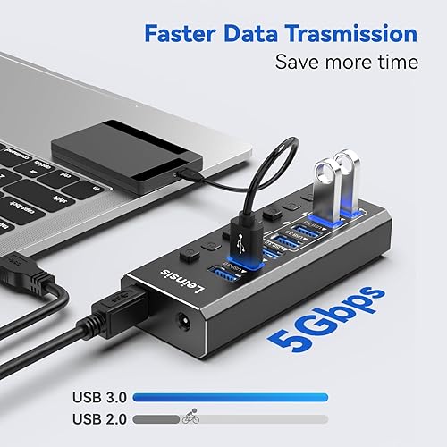 Miniatura 4 de Hub USB 3.0 alimentado, Leinsis 7 puertos USB 3.0 Hub aluminio duradero 7 puertos de transferencia de datos + 4 puertos de carga inteligentes con