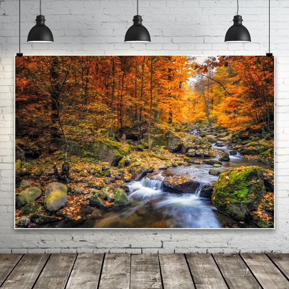 4.5x3m Telón de Fondo de Acuario con Cascada de Otoño, Fondo de Paisaje Natural con Lago y Arroyo del Bosque, Fondos de Plantas Tropicales y Rocas para Terrarios