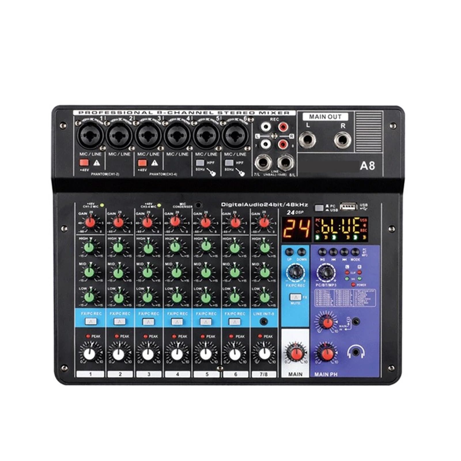 Mikser DJ-ski, Profesjonalny mikser 8-kanałowa konsola miksująca dźwięk A8 obsługuje Bluetooth USB 48 V interfejs zasilania do nagrywania imprez