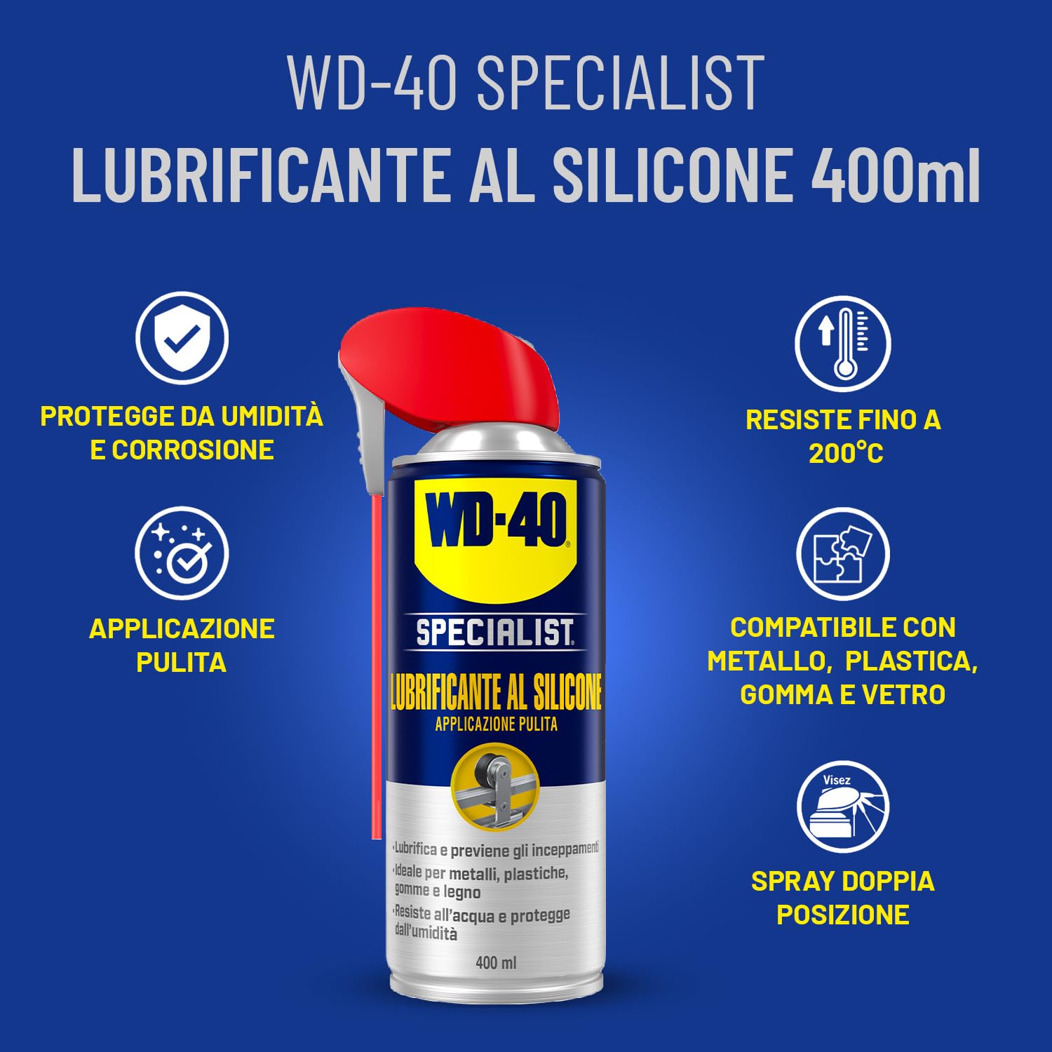 WD-40 Specialist Lubrificante al Silicone 400 ml - Spray Resistente a Temperature fino 200°C - Valvola 360° per Metalli, Plastica, Gomma e Legno - Protezione da Umidità