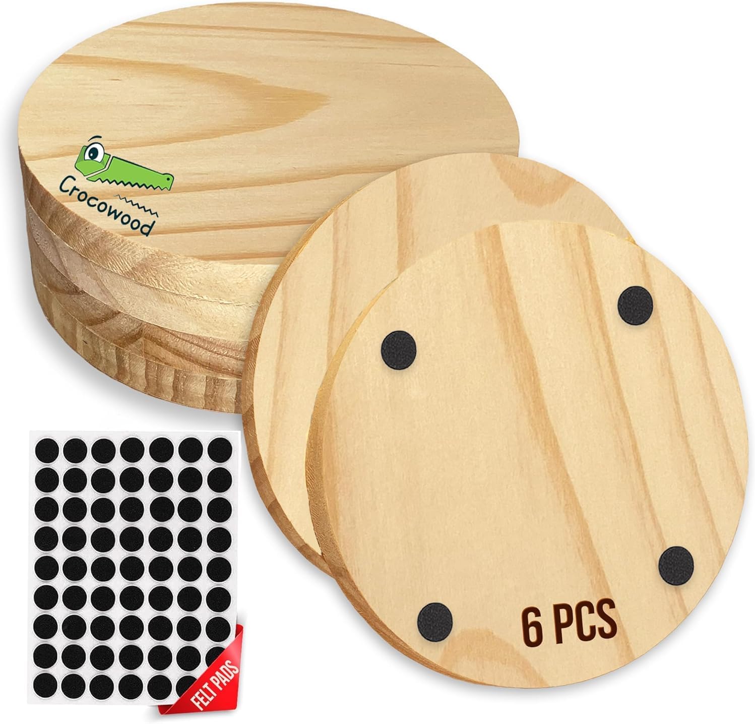 Crocowood 6 PCs Natural Wooden Coasters 10cm with Felt Pads Blank