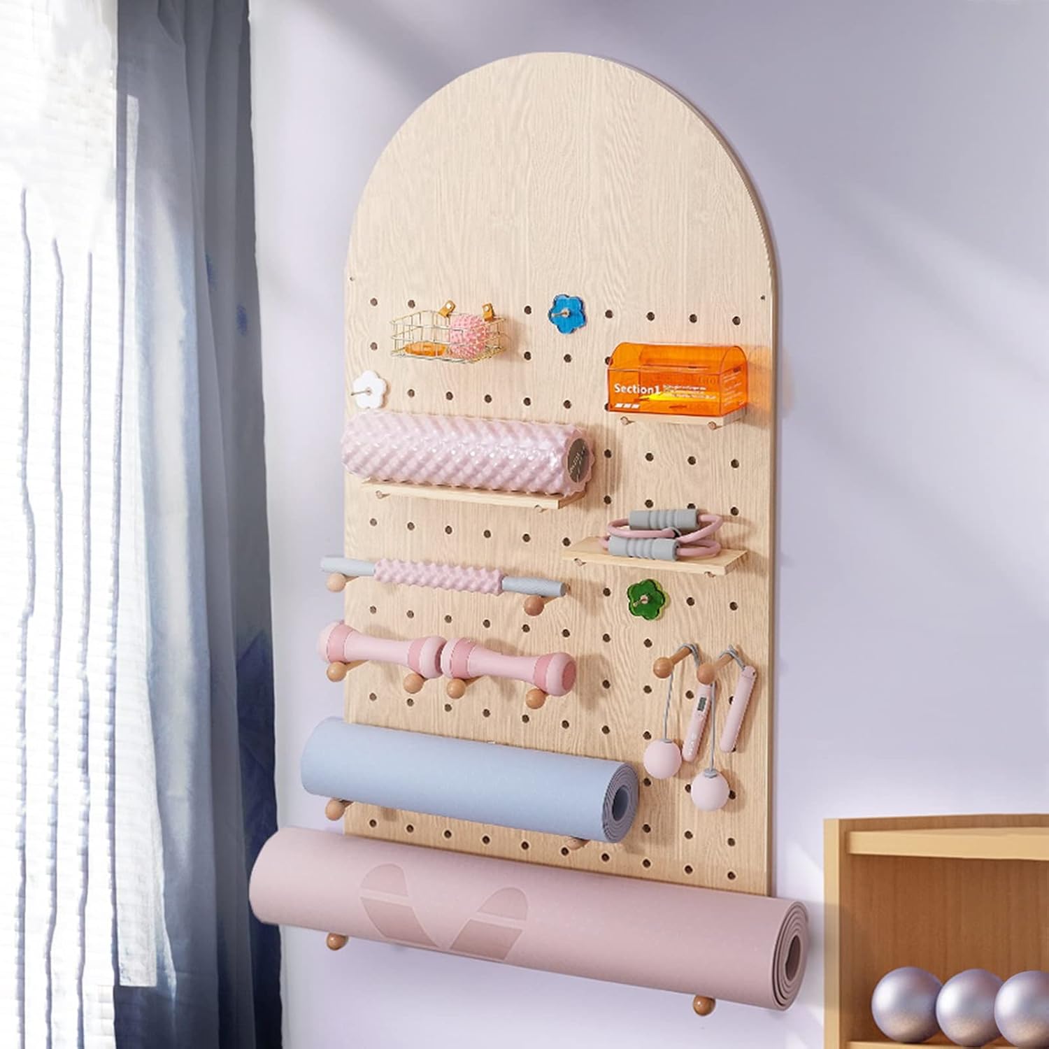 Multi-Functional Pegboard for Yoga Accessories, Elegant Design Wall Mounted Home Gym, Heavy Duty Yoga Matt Storage Racks, Storage and Arrangement