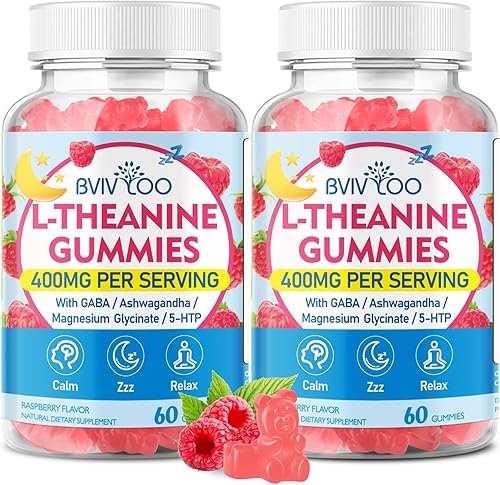 BVIVLOO Gomitas de L-teanina con L-teanina de 400 mg, Ashwagandha, GABA, 5-HTP, glicinato de magnesio para calma, ZZZ y apoyo de relajación, vegano,