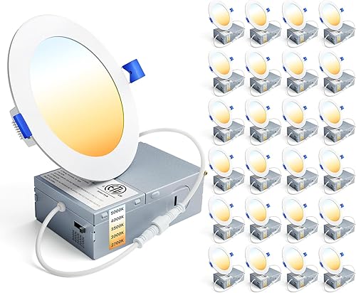Miniatura 1 de Ensenior Paquete de 24 luces LED empotrables ultrafinas de 4 pulgadas con caja de conexiones, 2700K-5000K seleccionables, 9W 75W Eqv, downlight