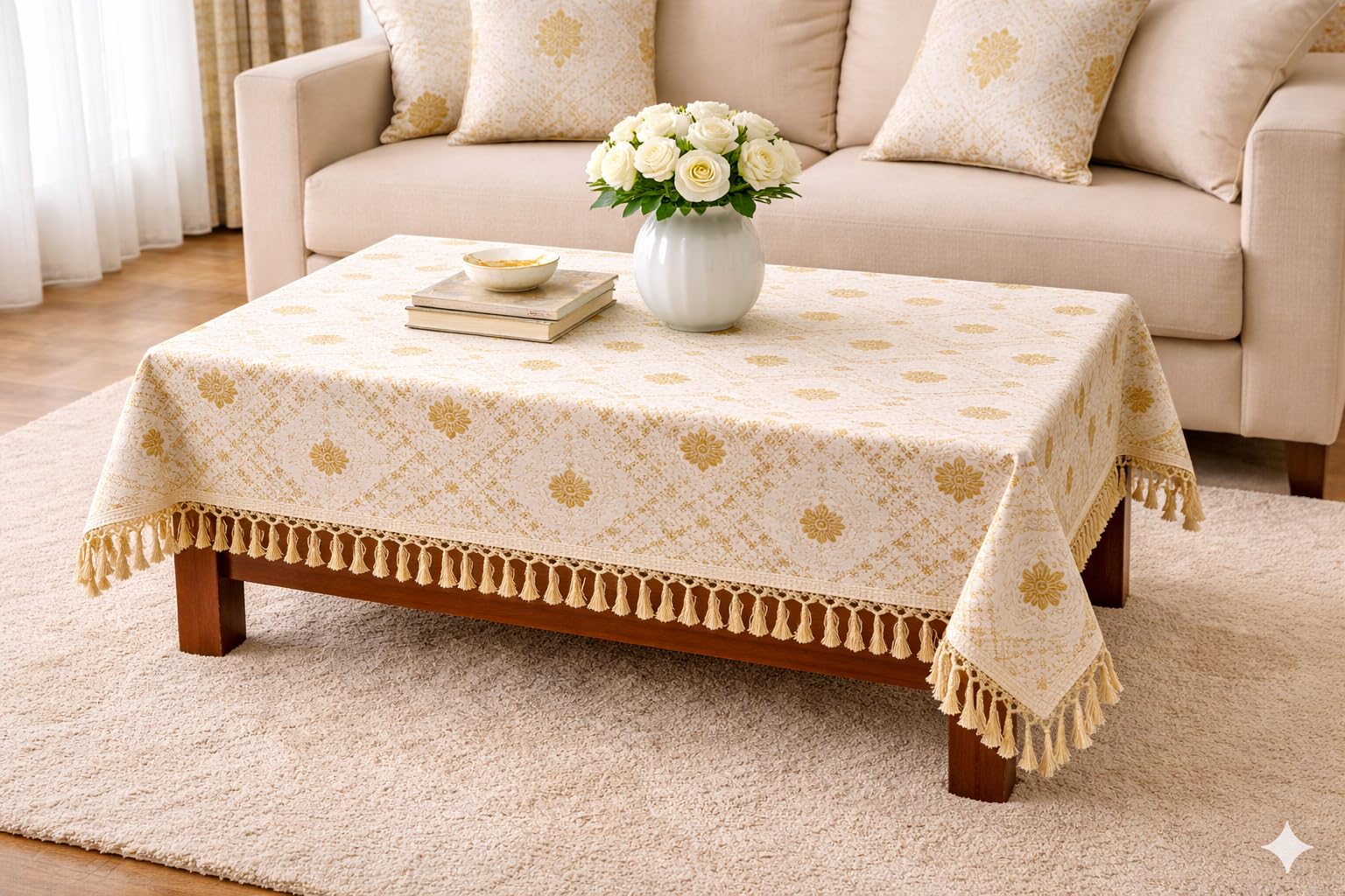 Foil Print Table Cover 46x60 Inch (1 Pc) | Gold Printed Decorative Tablecloth for Center Table, Coffee Table & Dining Table (Off White- Golden)-image-28