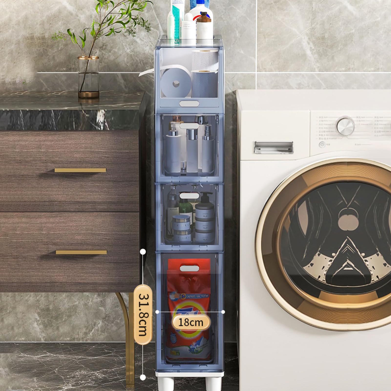 Mueble de baño Alto y Estrecho con cajones transparentes y ruedas, Ideal para guardar Papel higiénico, dormitorio, entrada y armarios. sin montaje.