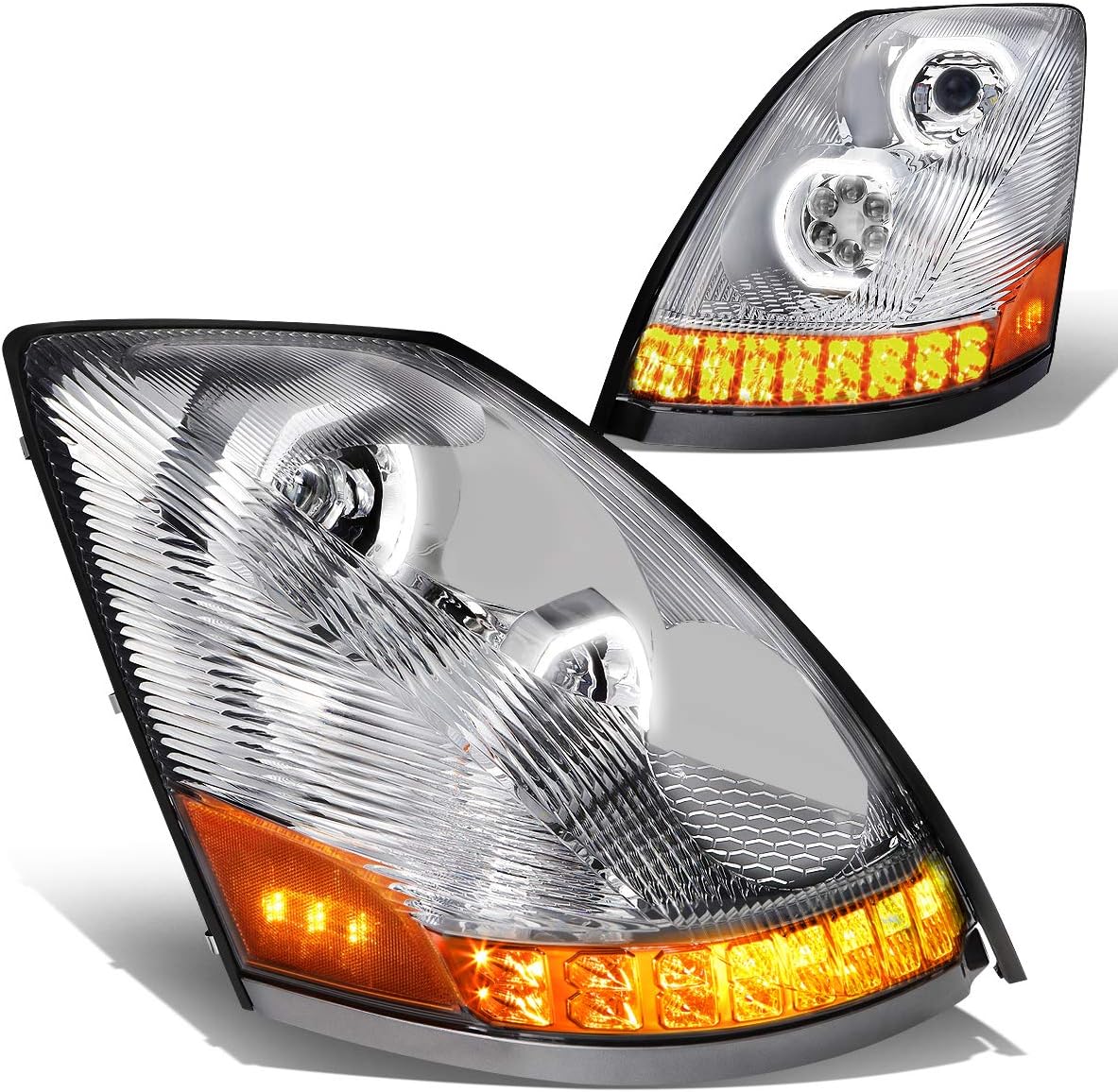 Auto Dynasty Dual LED Halo DRL Sequential Turn Signal Projector Headlights Compatible with Volvo VN VNL 300 400 430 630 740 04-18, Chrome Housing