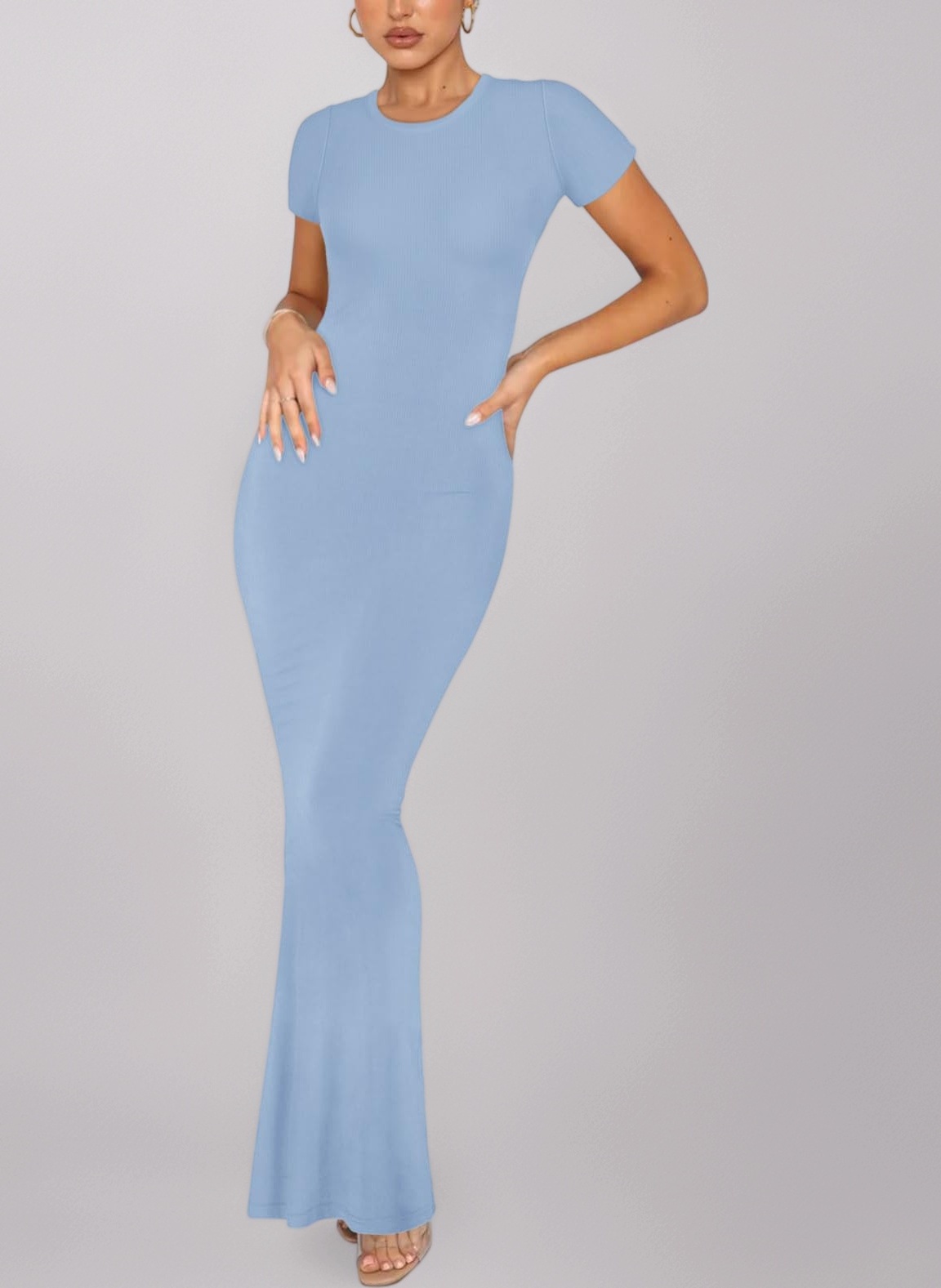 REORIA Women's Summer Casual Lounge Long Dress Elegant Short Sleeve Crew Neck Bodycon Maxi Dresses