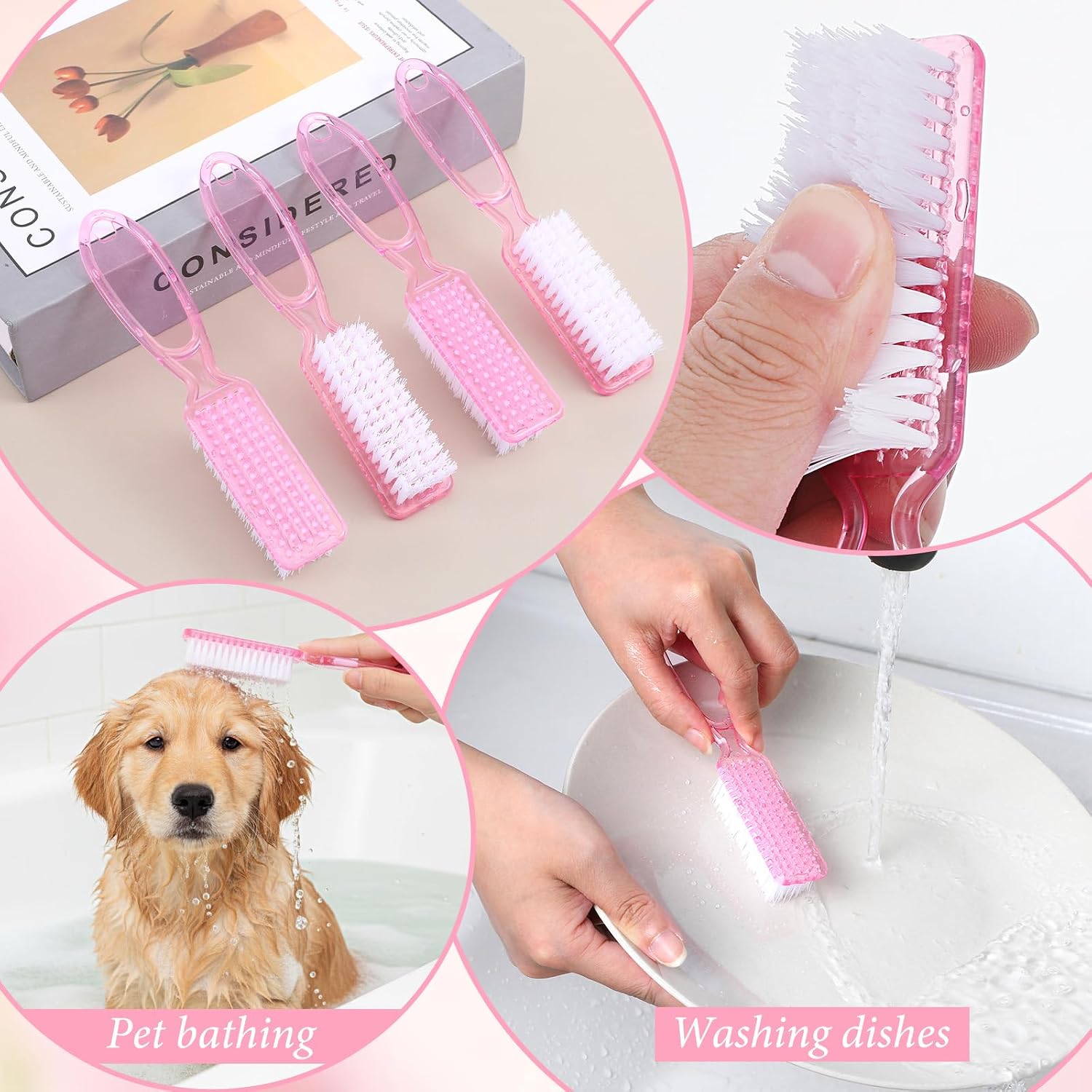 60 Pcs Nail Scrubber Brushes Bulk, Pink Handle Grip Fingernail Cleaning Brush for Toes, Manicure Pedicure Tools, Household Cleaning