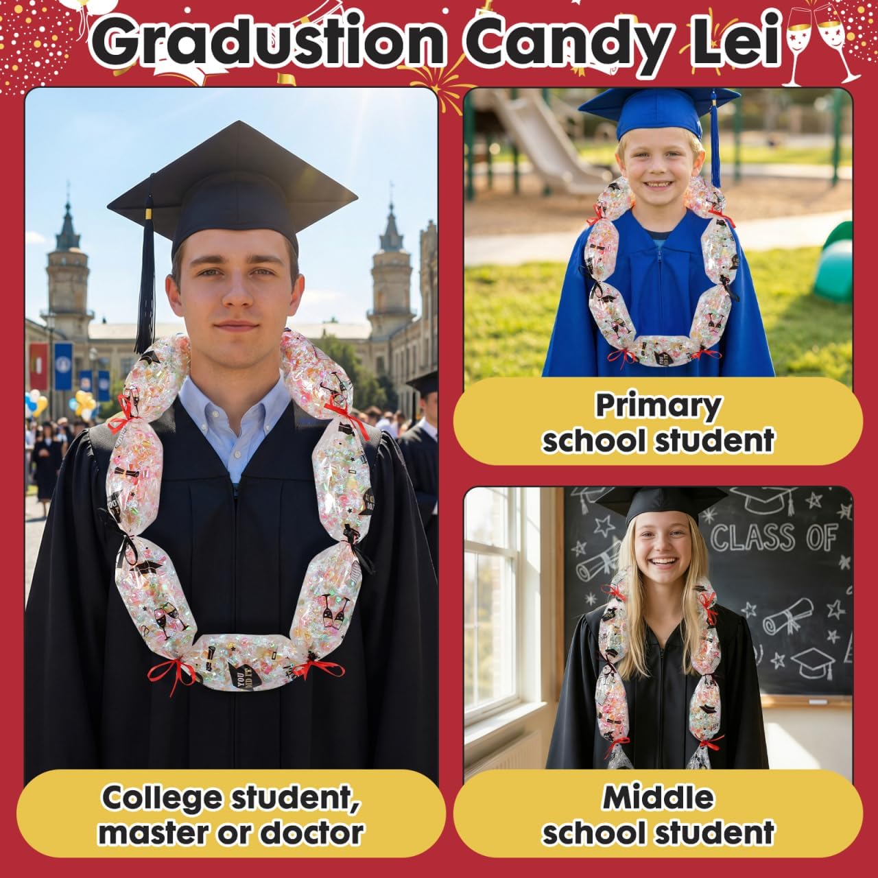 2026 Graduation Candy Leis Kit, 98 ft Tubing with 2 Ribbons, Congrat Grads DIY Necklace Making Supplies Scissors for Class of 2026-5.3" Wide for Snacks and Money Leis