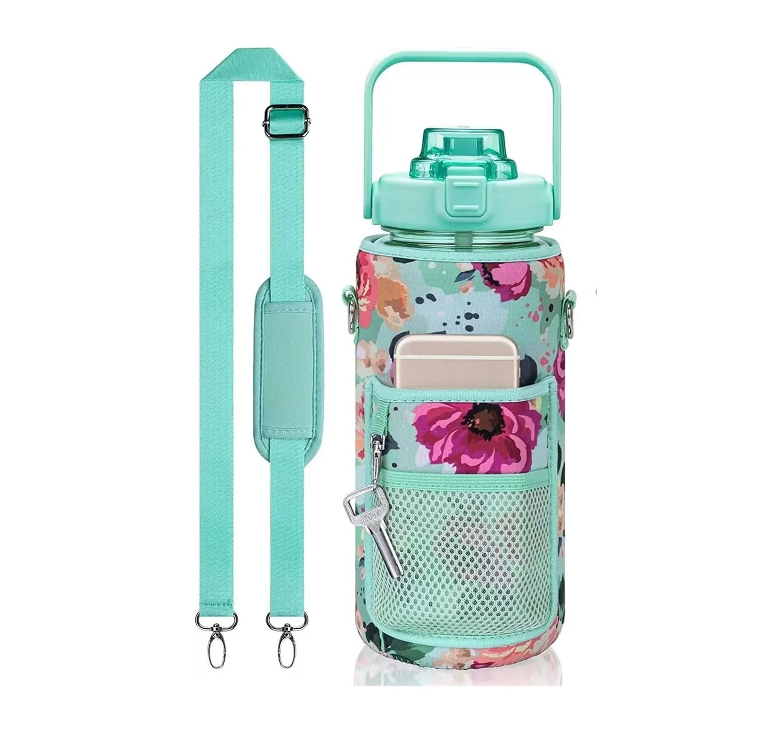 Borsa per Borraccia con Tracolla Borraccia sportiva da 64 oz (2 l) con manicotto isolante e tracolla inclinata for fitness, palestra, sport all'aria aperta per Viaggio ed Escursionismo(Green flower)