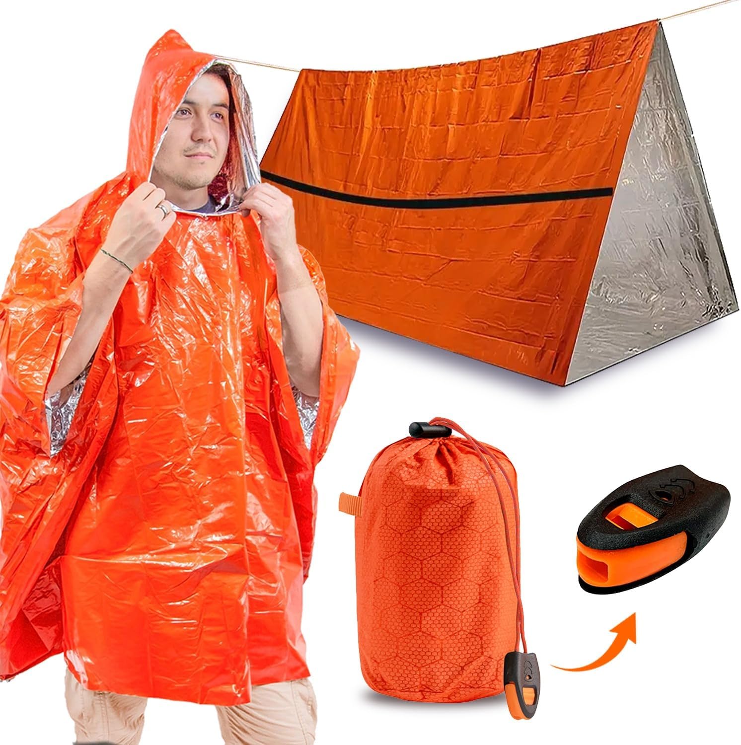 TOPACIO Survival Tent - Emergency Ponchos with Hood - Hiking Survival Kit - Tactical Tent - Kit Camping, & Outdoor - Includes Tent, Rain Poncho, Whistle, Bags - Thermal Poncho - Emergency Shelter