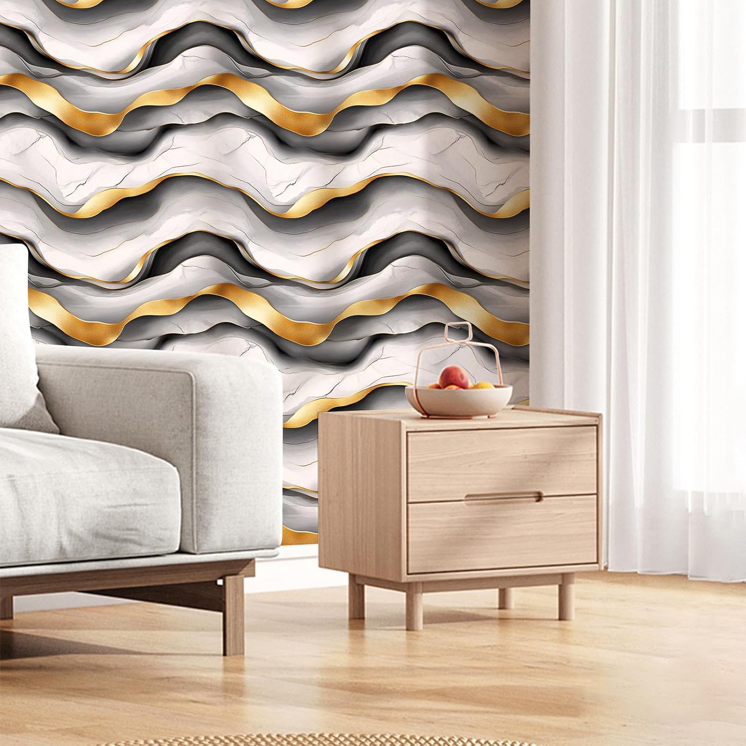 Luxury Wave Marble Wallpaper – Modern Abstract Peel and Stick Wallpaper, Self-Adhesive Vinyl with 3D Gold and Gray Swirl Design for Living Room, Office, or Accent Wall, 17.7in x 118in