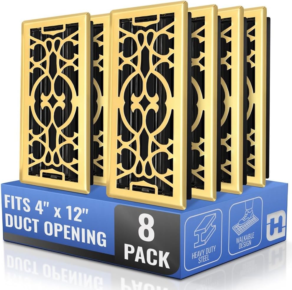 [8 Pack] Fits 4x12 and 12x4 Duct Opening | Decorative Floor Register with Victorian Design by Handua | Heavy Duty Walkable Design | Damper | Floor Vent | Easy Adjust Air Supply Lever | Polished Brass