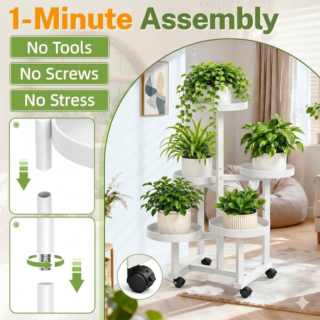 Indoor Plant Stand with Wheels, 5 Tier Metal Flower Shelf for Garden Patio Balcony Living Room Outdoor, Movable Multi Plant Holder Display Rack with Lockable Wheels, (White) image 3