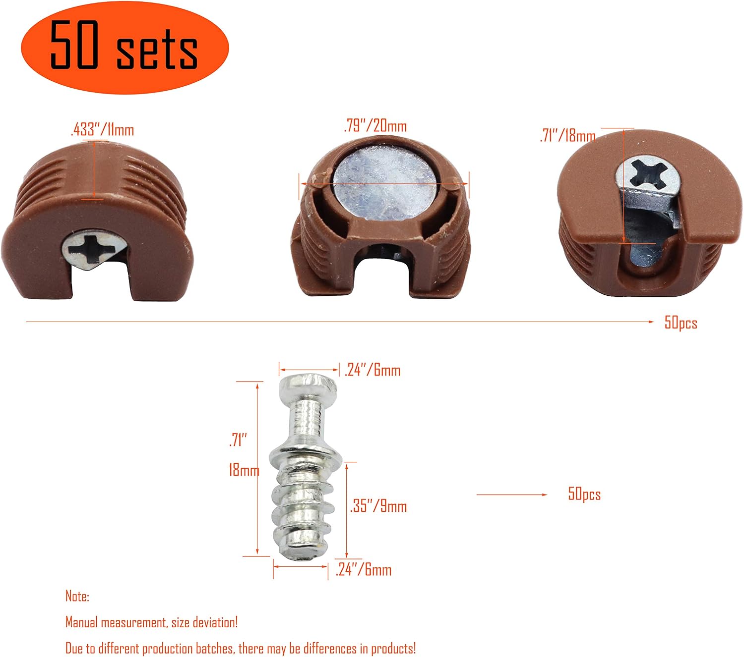 LBY 50-Sets Panel Connector Set, 3-in-1 Furniture Connector, M6x18mm Dowel Screws, M6 Pre-Inserted Nut Assortment Kit, Red-Brown Color