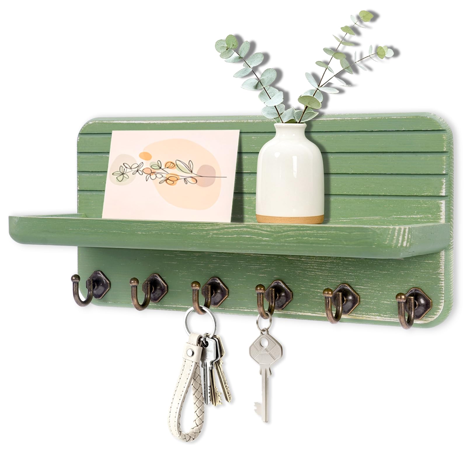 Key Holder for Wall, Mail Organizer Wall Mount with 6 Hooks Wooden Hanging Key Rack for Home Decor, Hallway, Entryway (Dark Green)