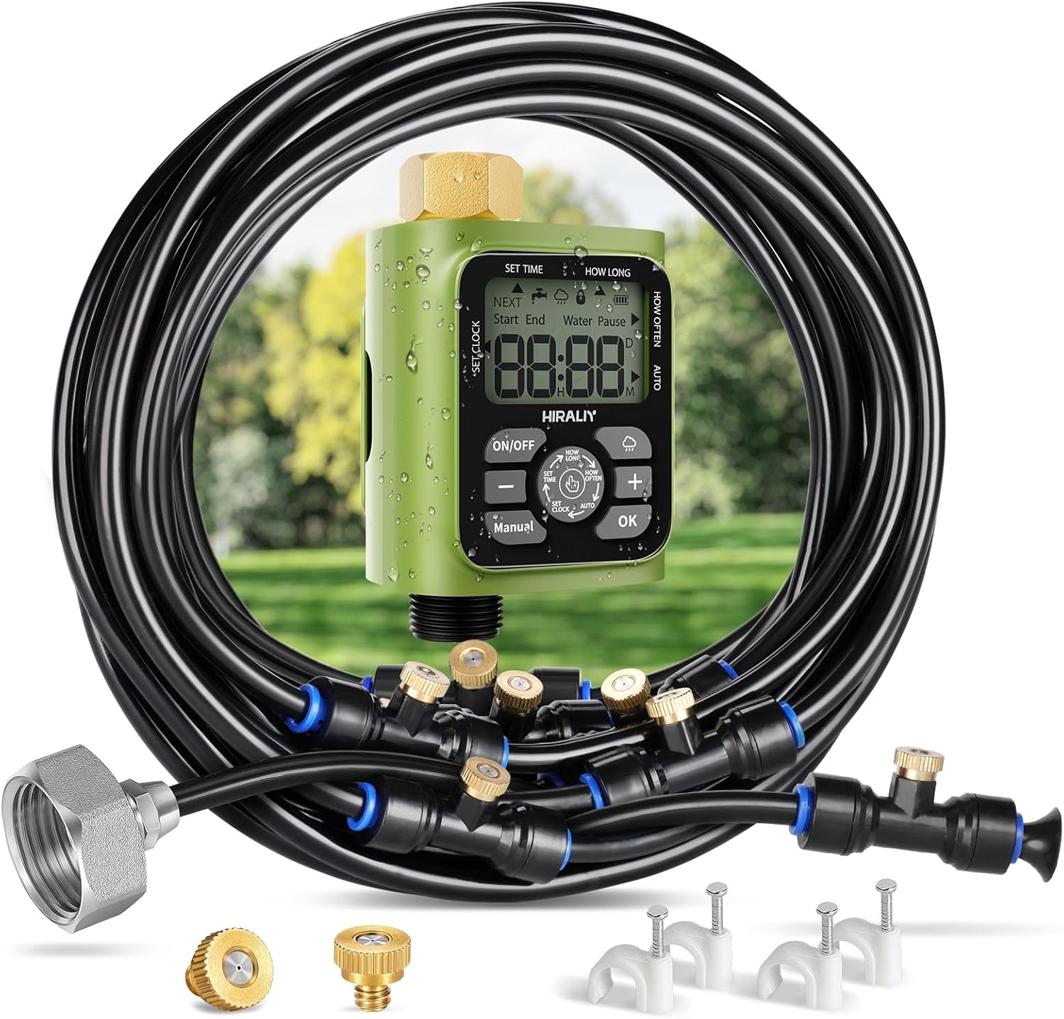 HIRALIY Misting Cooling System with Timer, 26FT Misting Hose+10 Brass Nozzles+3/4" Brass Adapter+Water Timer with Mist Mode &amp; Irrigation Mode, Outdoor Misters for Patio Cooling and Garden Watering