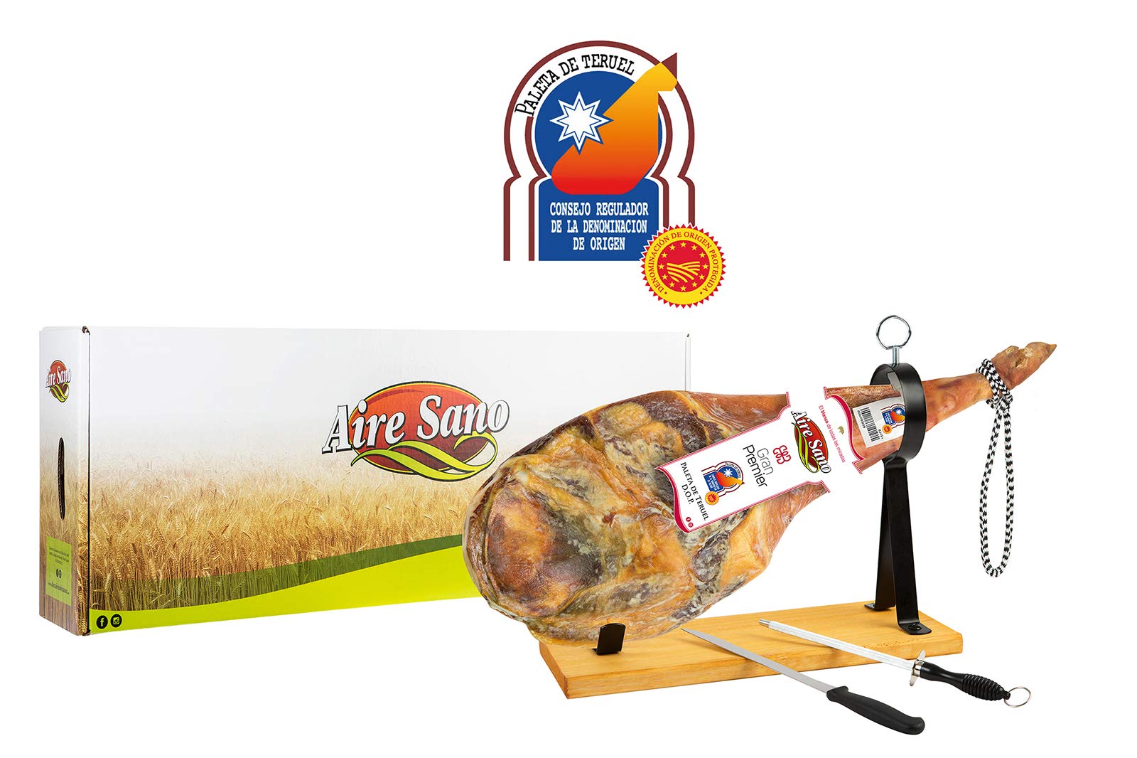 Aire Sano - Paleta D.o.p. Teruel (4,5-6kg) Gran Premier De Aire Sano - Alto contenído en Proteínas, Sin Gluten y Sin Lactosa- Incluye Jamonero + Cuchillo + Chaira + Estuche